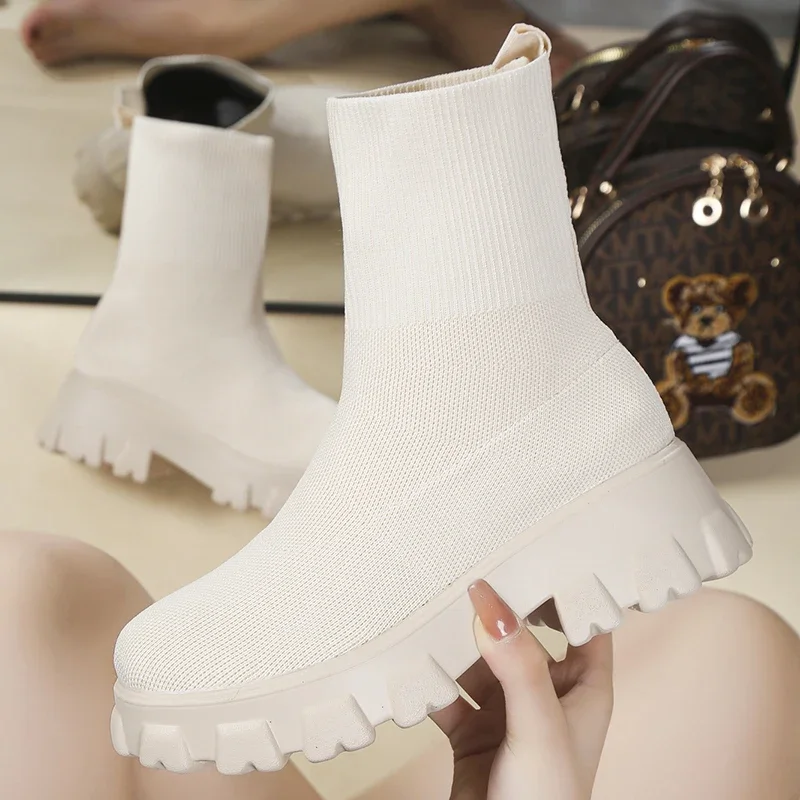 Classics Autumn Winter New Socks Shoes for Women Thick-soled Casual Knitted Slip-On Short Boots Plus Size Botas De Mujer