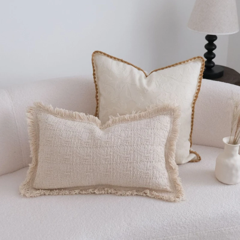 30X50/45X45/50X50CM Khaki Simple Throw Pillow Cover Grid Tassel Stamping Waist Cushion Cover Decor Home Decorative Pillowcase