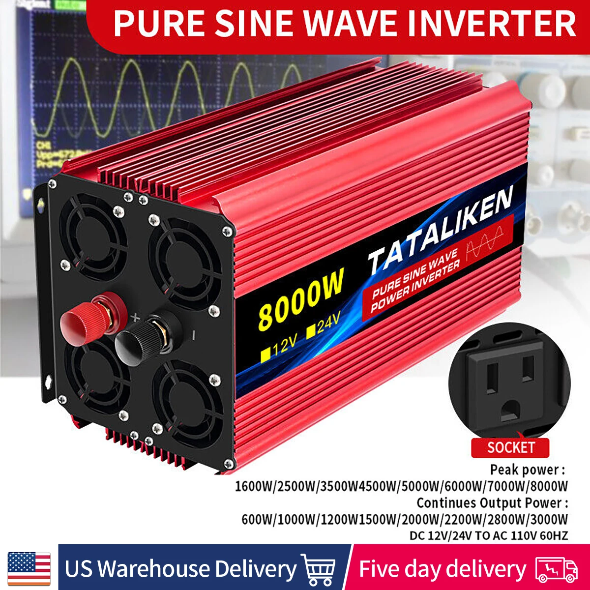 12V To 110V AC Pure Sine Power Inverter 8000W 10000W  Power 60HZ  Converter Car Accessories Solar With LED And US Socket