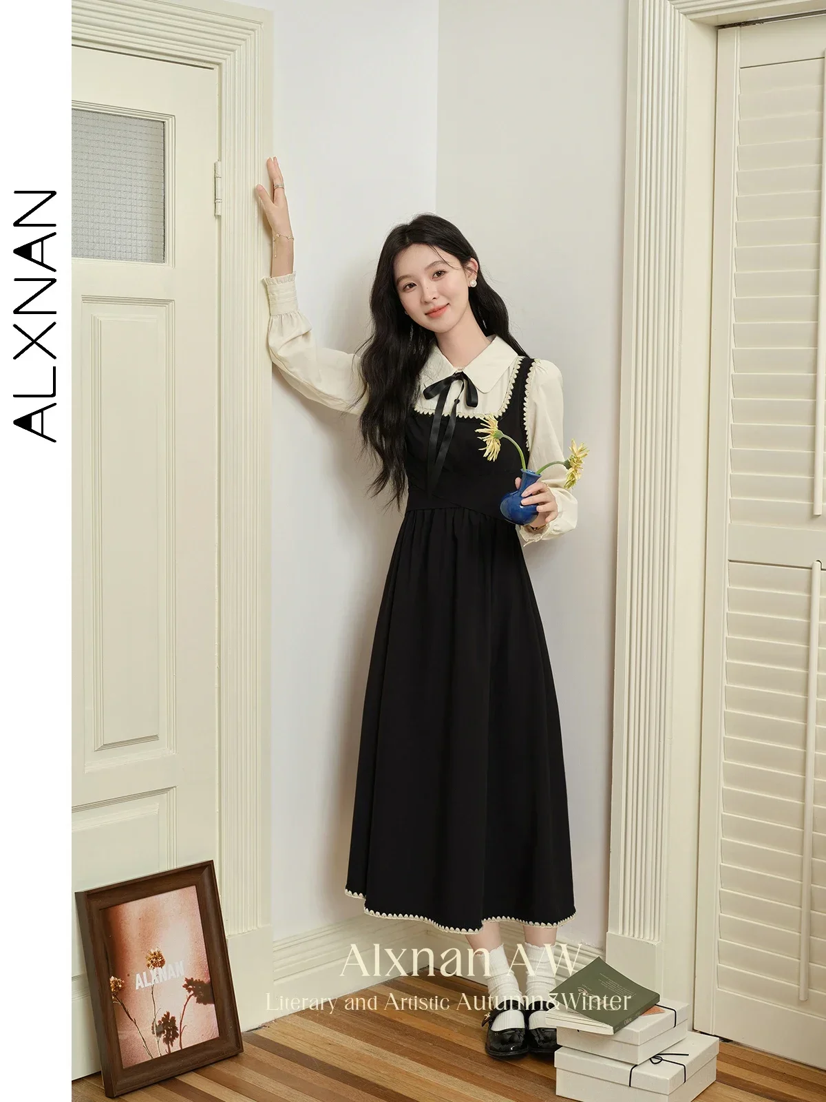 

ALXNAN Black Fake Two-piece Preppy Dress Polo Collar Heart Button Lace-up Long Dresses 2025 Fall Elegant Ladies Clothing L39725