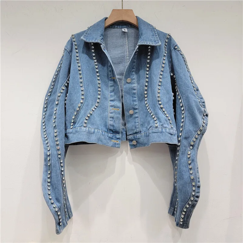 Black Diamonds Long Sleeve Denim Jacket Women Slim Short Student Cowboy Outerwear Autumn Vintage Streetwear Jeans Jacket Female