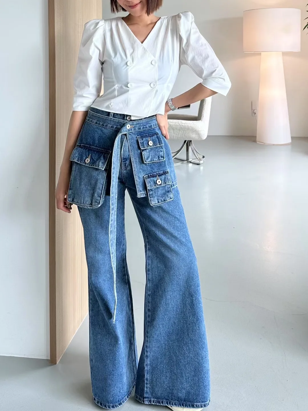 

SML, осень-весна 2026, женские винтажные расклешенные джинсы с высокой талией, уличные брюки, синие джинсовые брюки, женские (XHN1809