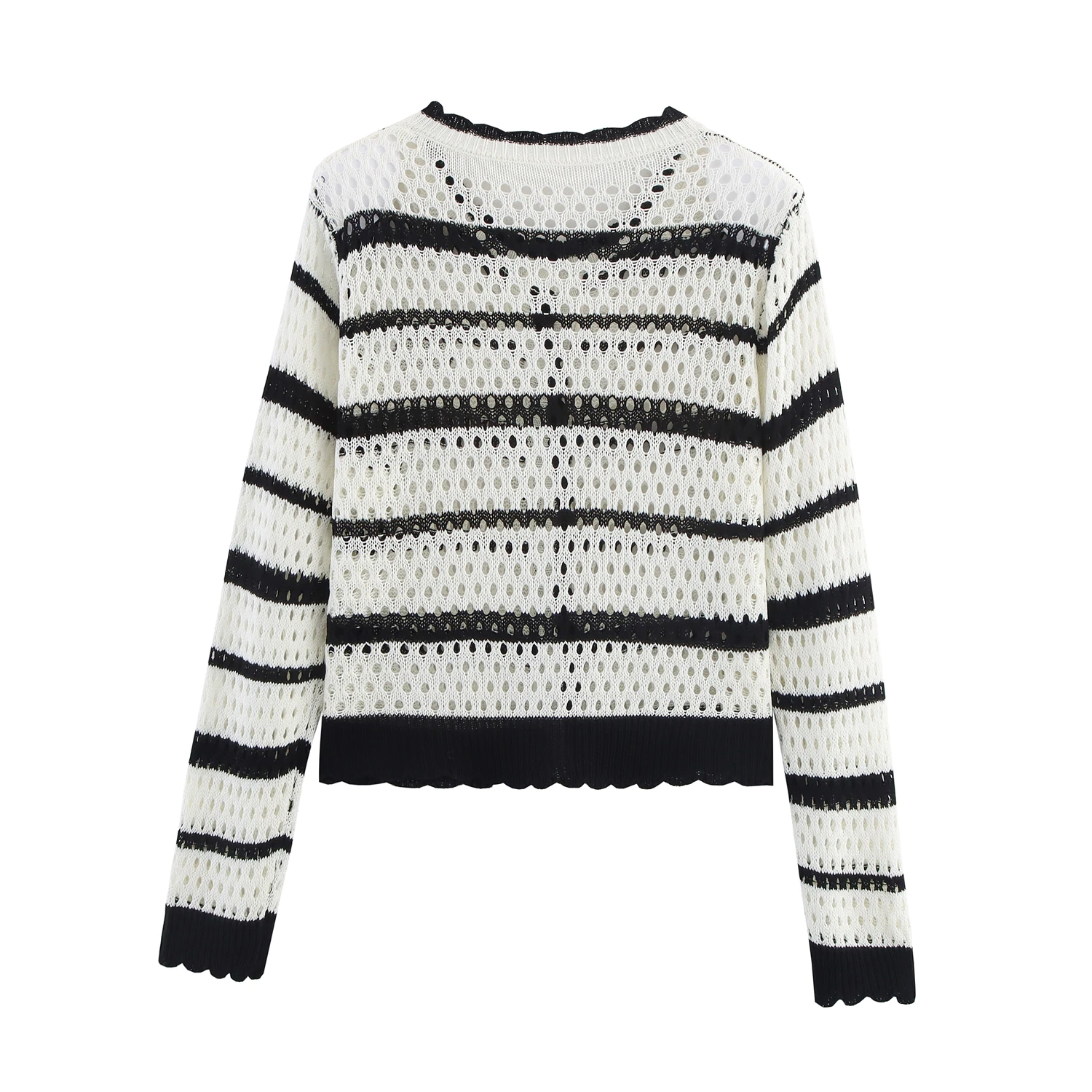

Topenomi Contrast Color Striped Knitted Cardigan Women Hollow Out O Neck Casual Long Sleeve Sweater Coat Fashion Versatile Tops
