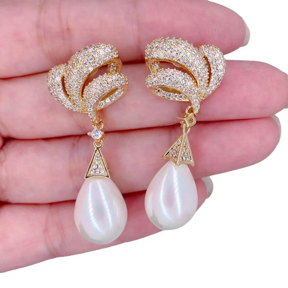 Y·YING Sea Shell Pearl Gold Plated Cz Pave Stud Drop Earrings Gifts