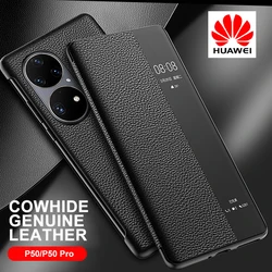 Genuine Leather Flip Cover For Huawei P50 Pro P50Pro Case Original Mirror Smart Touch View Wake Sleep Up Protection Capa Fundas