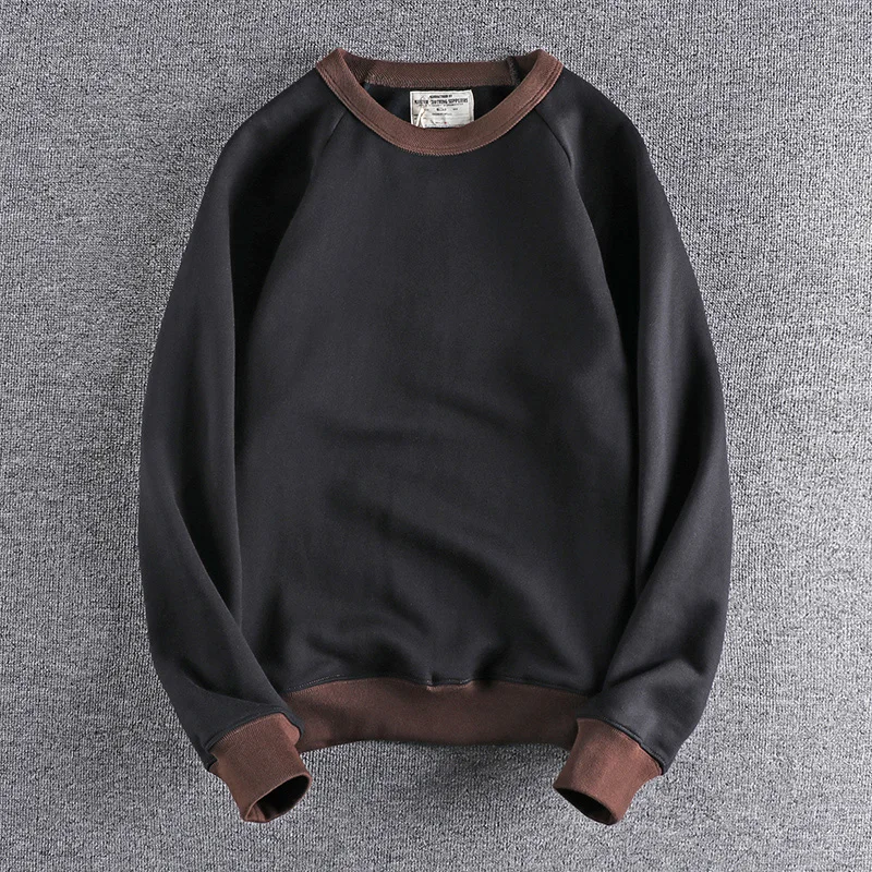 Autumn and winter heavy American vintage plus velvet round neck hoodie men fashion color patchwork leisure youth long sleeve