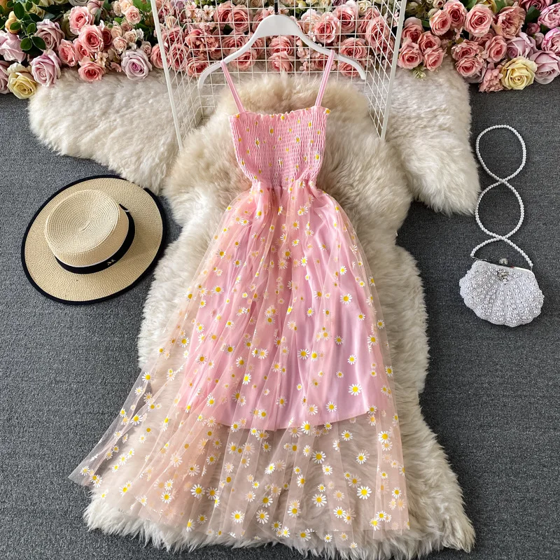 Spaghetti Strap Floral Daisy Mesh Kleid für Frauen Französisch Retro Ärmellose Sommer Elastische Taille Urlaub Langes Kleid Strand Vestido