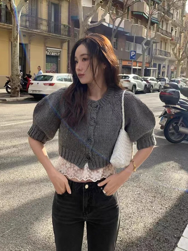 Cárdigan abierto de punto corto suave para mujer, Top con manga de burbuja, Top Retro con un solo botón, versión coreana, vie...