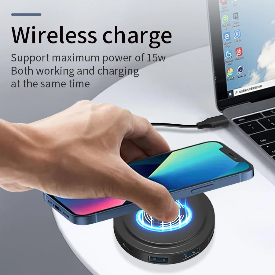 6 in 1 USB C ハブ ワイヤレス充電器付き 15W Type-C アダプター USB3.0 ドッキングステーション HDMI 4K PD 100W MacBook Air iPad ノートパソコン対応