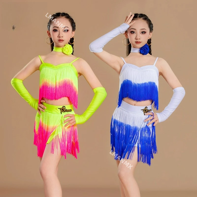 

Костюм для латинских танцев для девочек, новый летний высококачественный детский тренировочный наряд с кисточками и градиентом