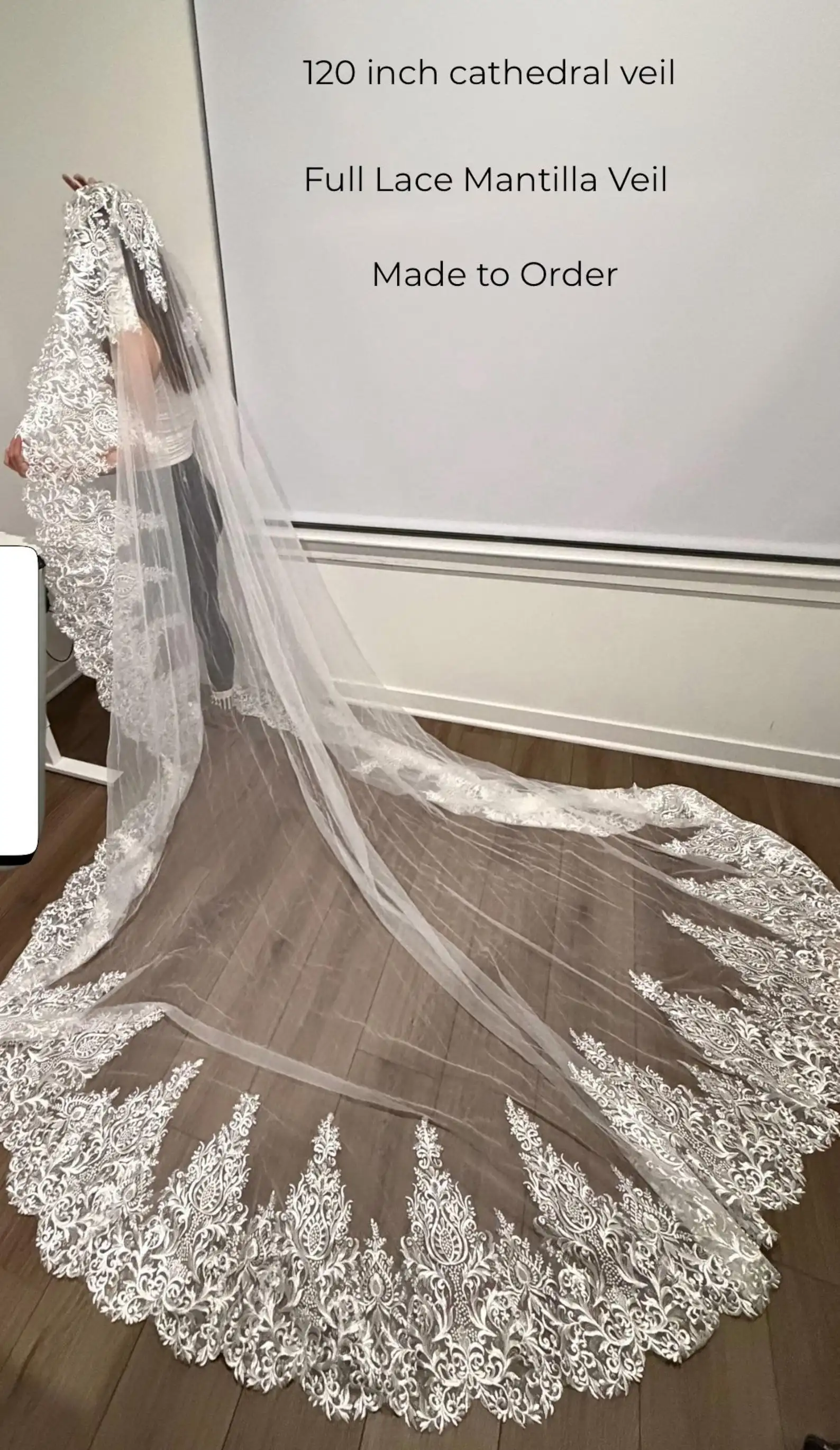 Cathedral Chantilly Mantilla Heavy Lace Wedding Veil Couture Original Design Full Lace Edge Atelier Bridal Veil with Comb