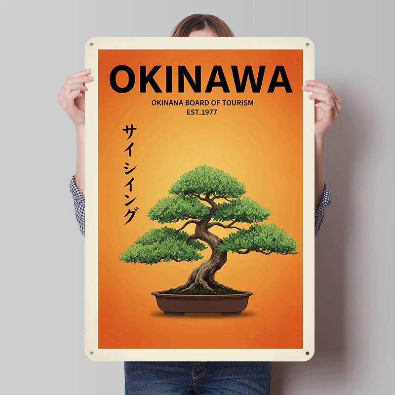 Okinawa With Bonsai Tree Printed Poster Customized Retro Wall Art Vintage Metal Tin Signs for Home Desk Decor Bedroom Decoration