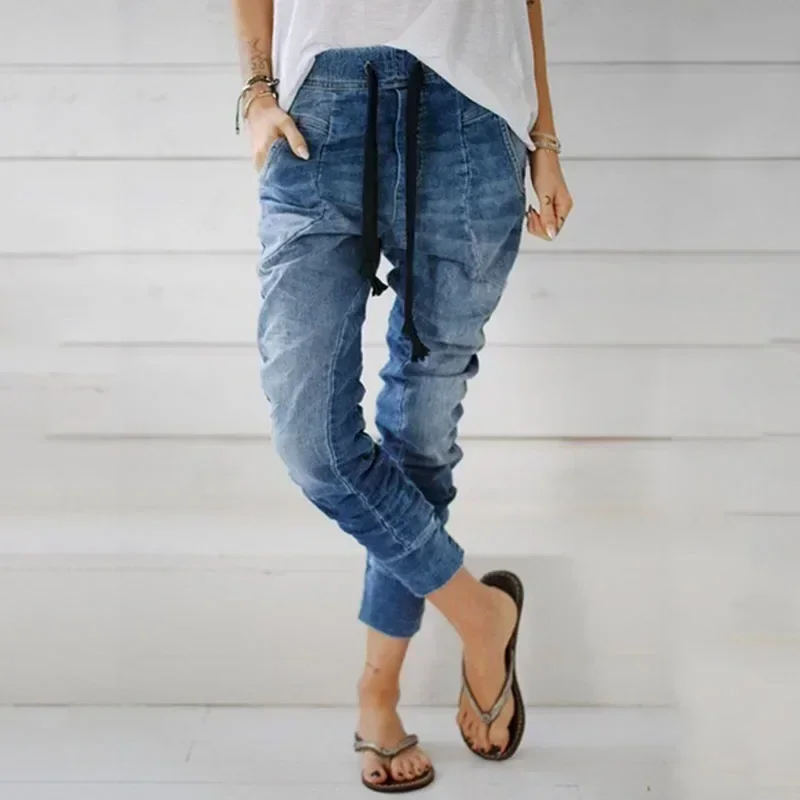 

Fashion Casual Drawstring Denim Jeans Women Winter New Elasticated Waist New Jeans Streetwear Cowboy Loose Fit Long Pants 30202