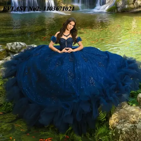 EVLAST Anpassad Prinsessa Marinblå Quinceanera Klänning Balklänning Glänsande Applikation Pärlstav Flerskiktad Sweet 16 Vestidos De 15 Anos E2Q25 8 best sales kungblå sweet 16-klänning - №3