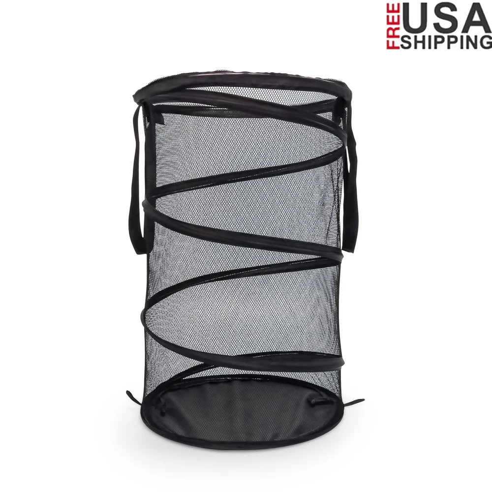 

Lightweight Collapsible Pop-Up Laundry Hamper Mesh Fabric Round Basket Durable Handles Easy Storage 25in Height Airflow Design