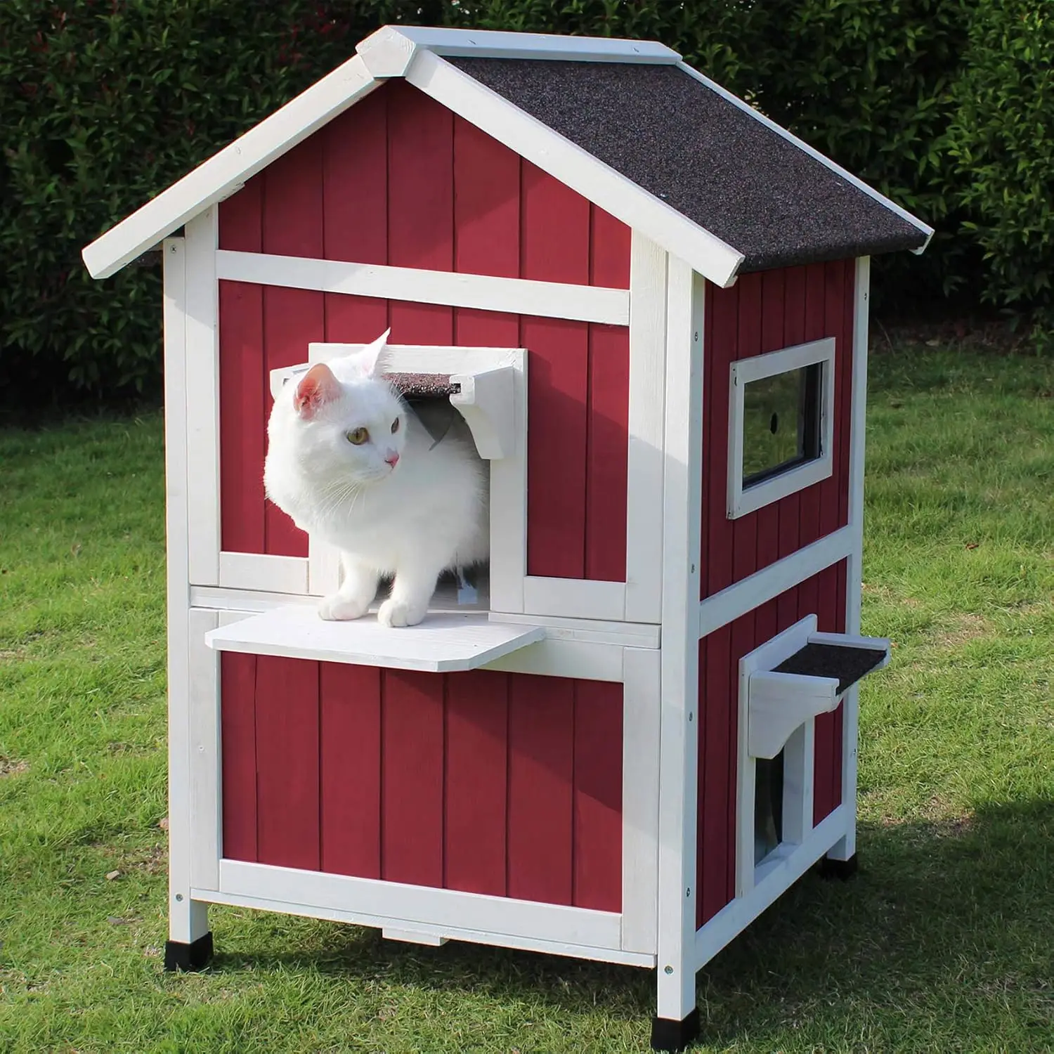 Outdoor Cat House, Large Outdoor Houses for Feral Cats Wooden Outside Cat Shelter Weatherproof with Escape Door