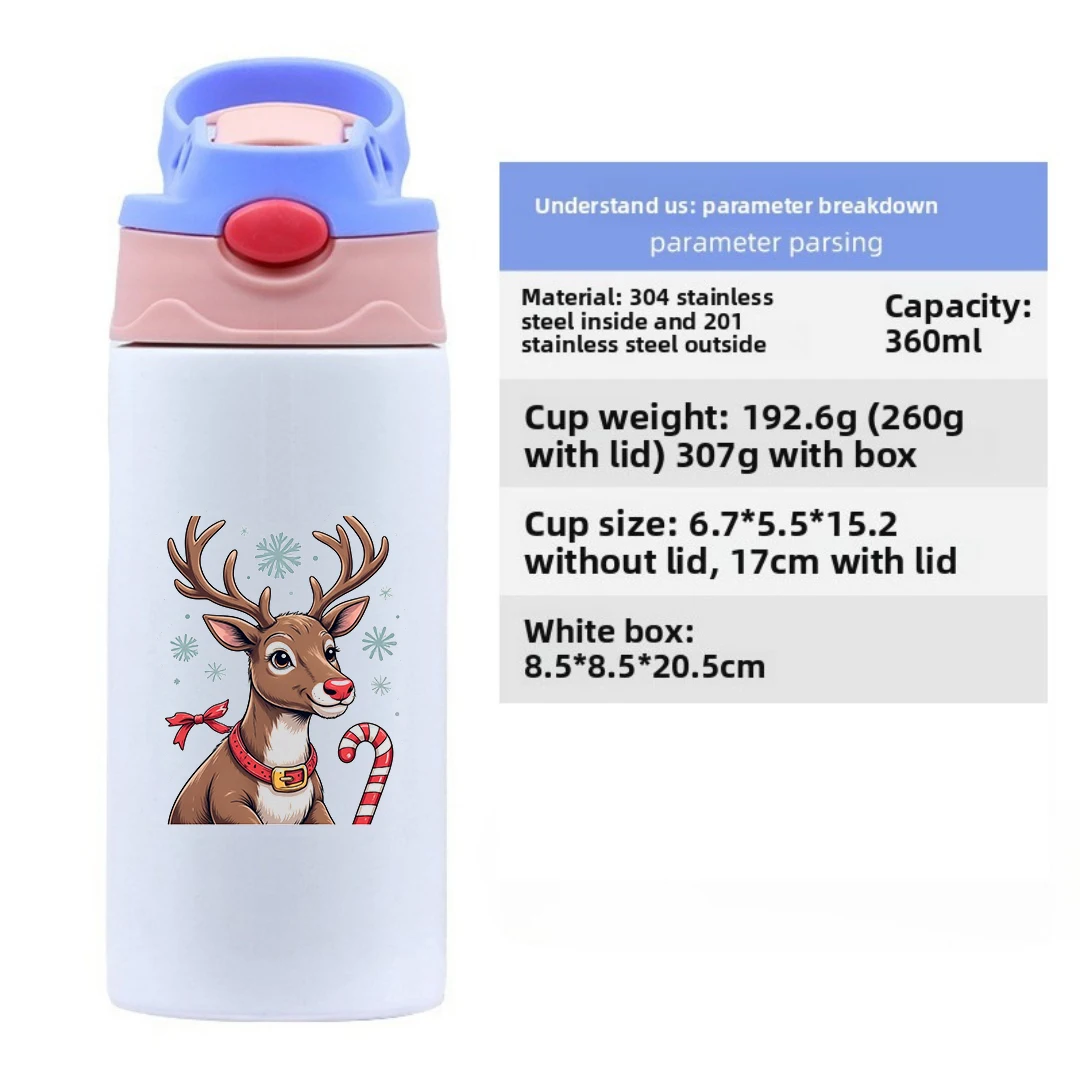 304 كوب معزول من الفولاذ المقاوم للصدأ + كارتون الرنة عيد الميلاد طبعة محدودة + كوب بقشة للأطفال + هدية عيد الميلاد