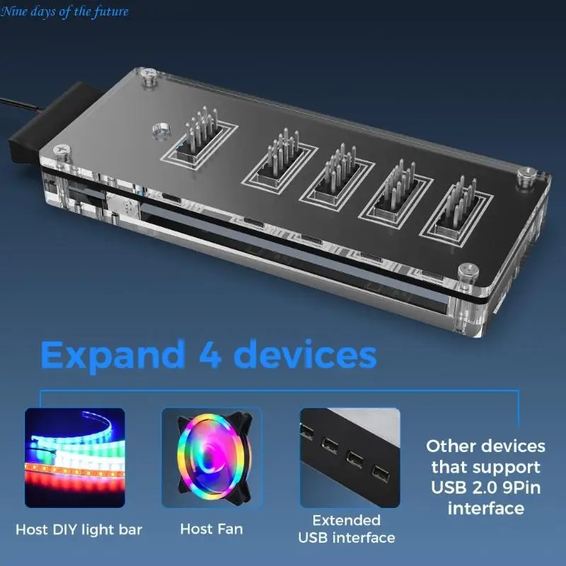 9Pin USB Header Splitter with SATAs Power Cable, Internal USB HUBs Extension E65A
