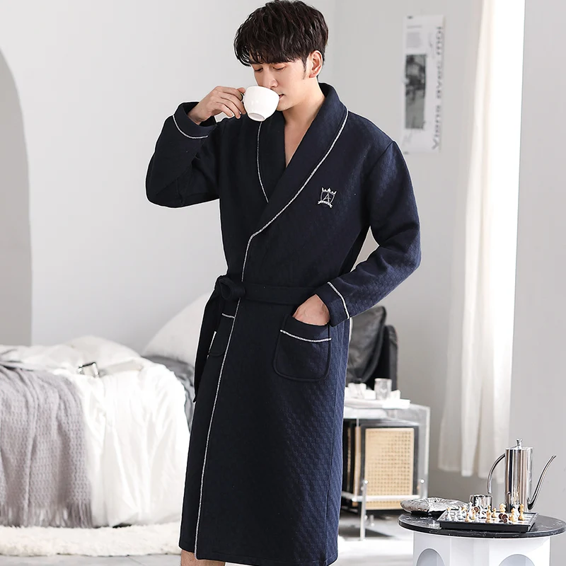 Three layer thin cotton men's pajamas embroidered with letters and silver trim fashionable men's bathrobe