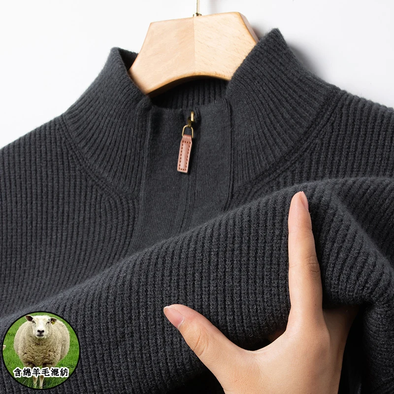 High-quality Men's Wool Blend Pullover Sweater with Half Zip Knit Sweater for Business Casual Retro Style.Autumn  Winter New