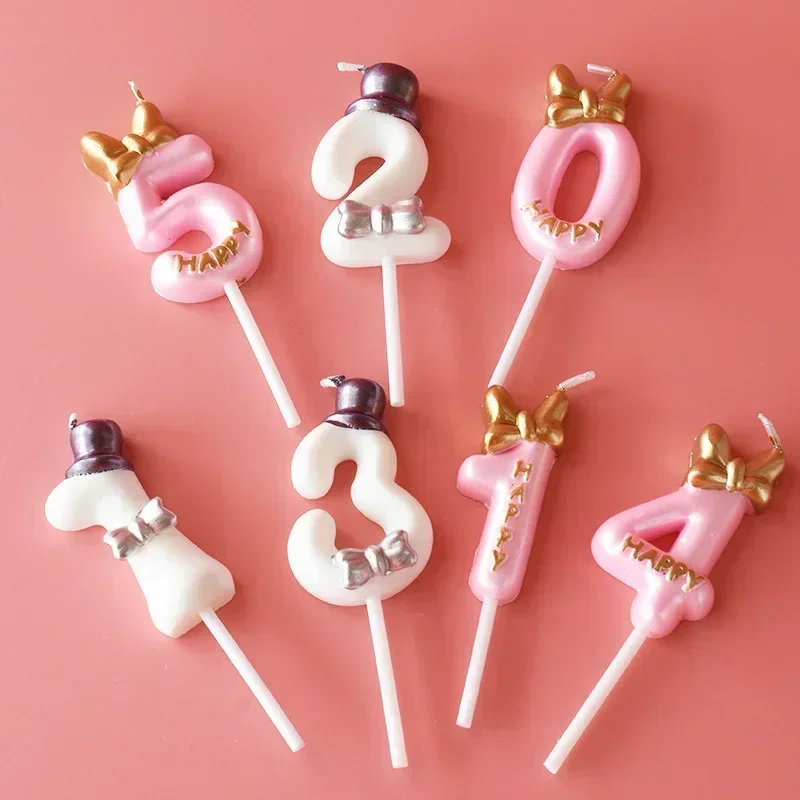 Cute Bowknot Birthday Number Candle Princess Prince 0-9 Number Candles Cake Decor Digital Candle Topper Cupcake Party Candles