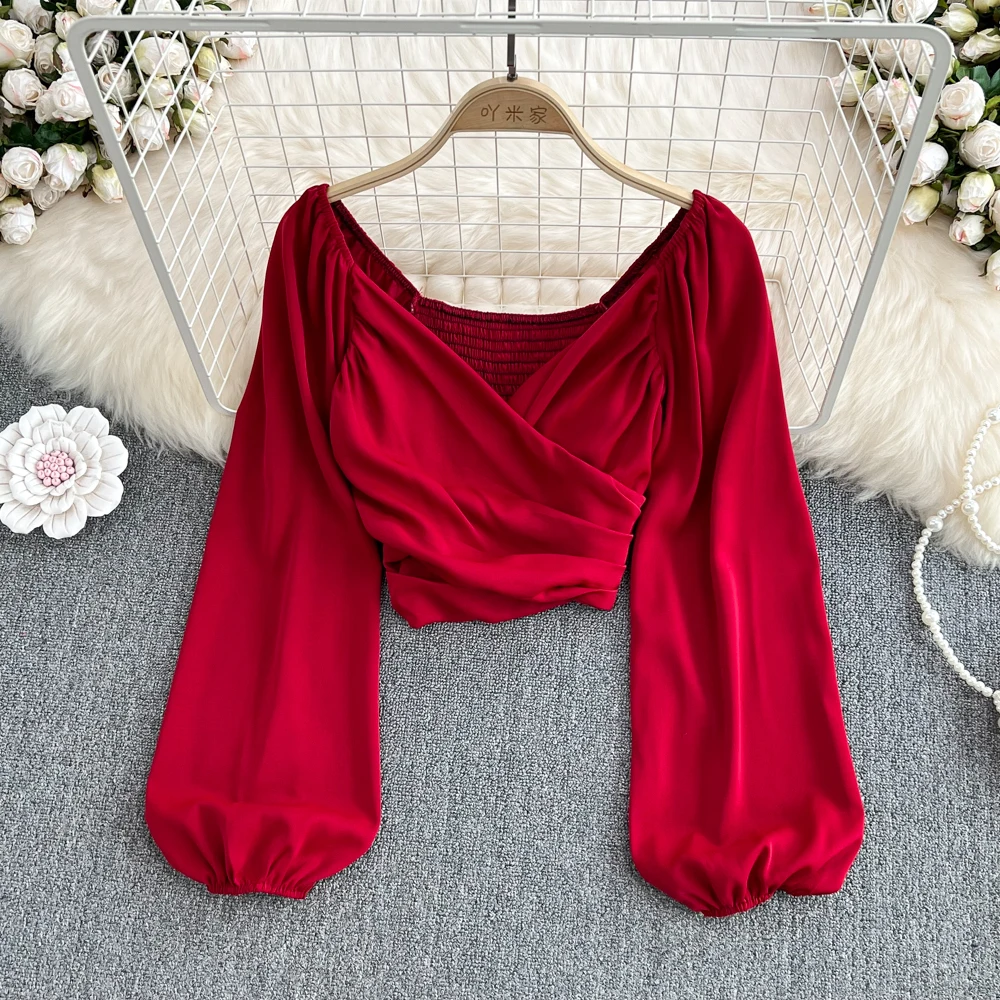 2023 Spring V-neck Shirts Women Plain Sexy Elastic Long Puff Sleeve Blouses Ladies Chic Irregular Crossing Exposed Navel Tops