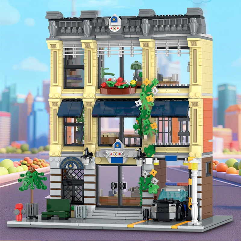 1445 ELEMENTÓW Europejski Styl Architektoniczny Seria Uliczna Retro Komisariat Policji Zestaw Klocków Prezent Świąteczny dla Dorosłych i Dzieci