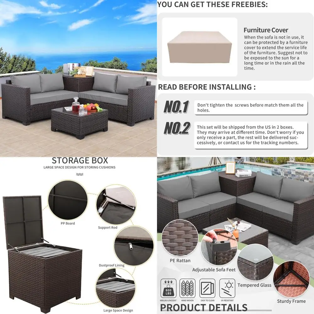 4-Piece Dark Brown Rattan Outdoor Patio Furniture Set with Loveseat, Couch, and Storage Box