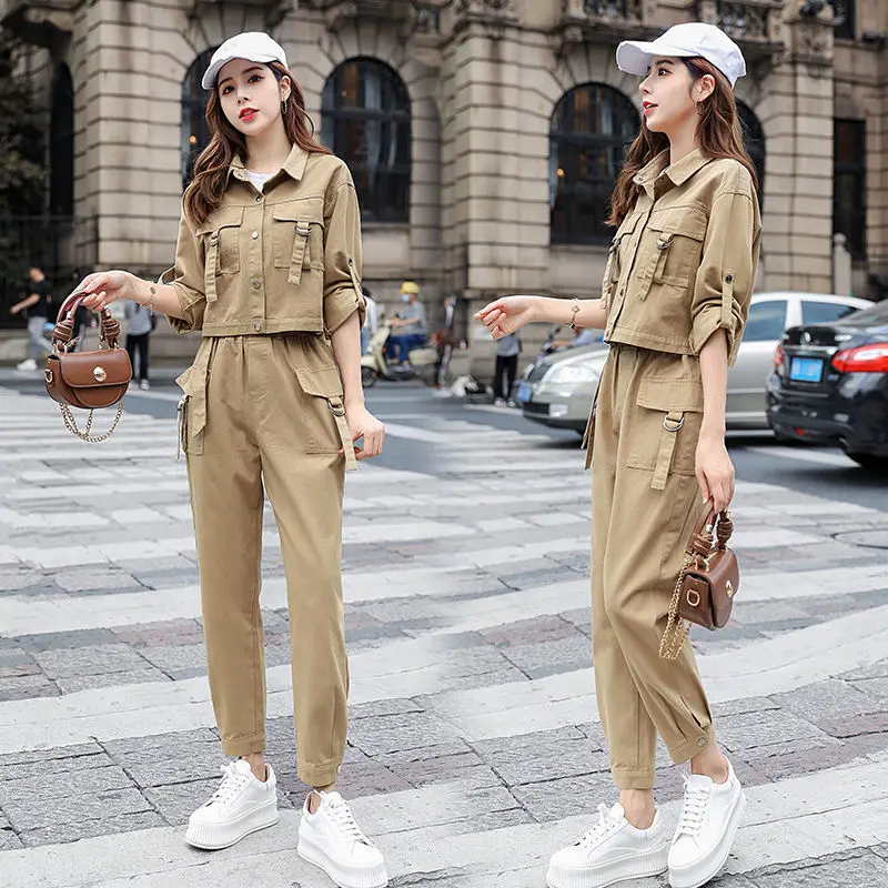 

Women's Clothing 2023 Loose Solid Pant Sets Buttons Patchwork Pocket Turn-down Collar Two-piece Suit Long Sleeve Straight Pants