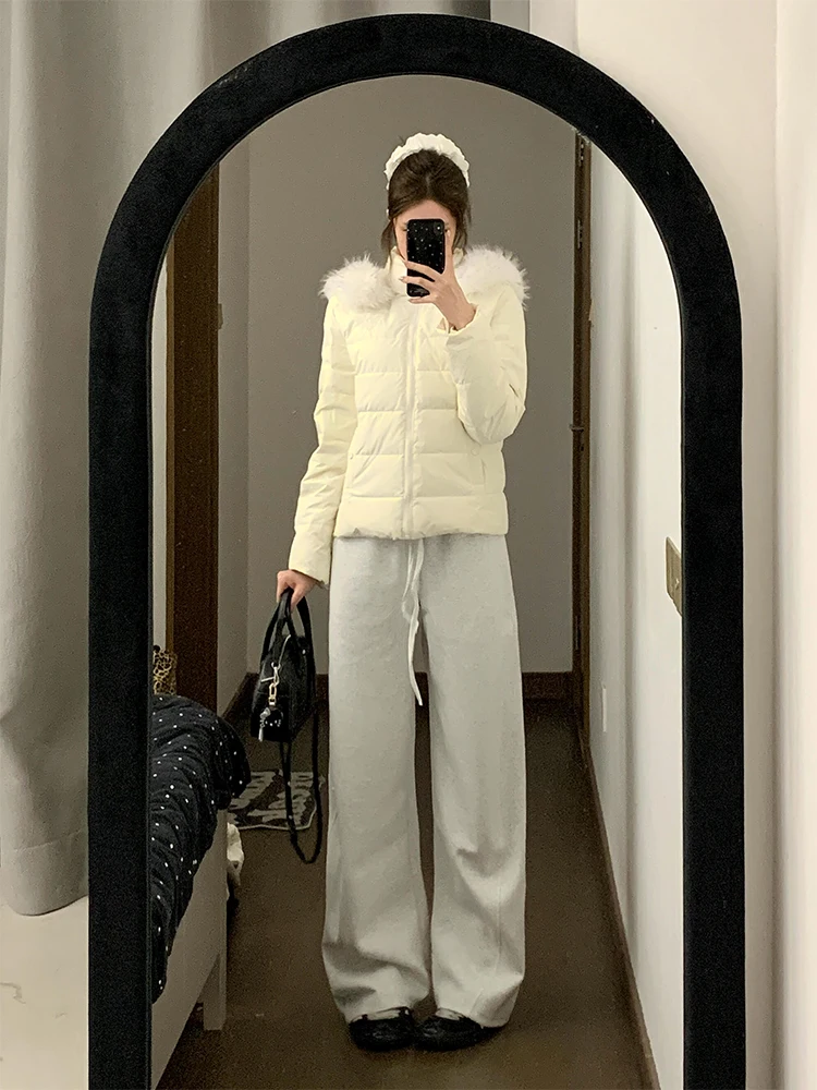 

Корейская утепленная хлопковая куртка для женщин: свободный крой, простой дизайн, с регулировкой талии, на пуху, с капюшоном, длинными рукавами, на молнии.