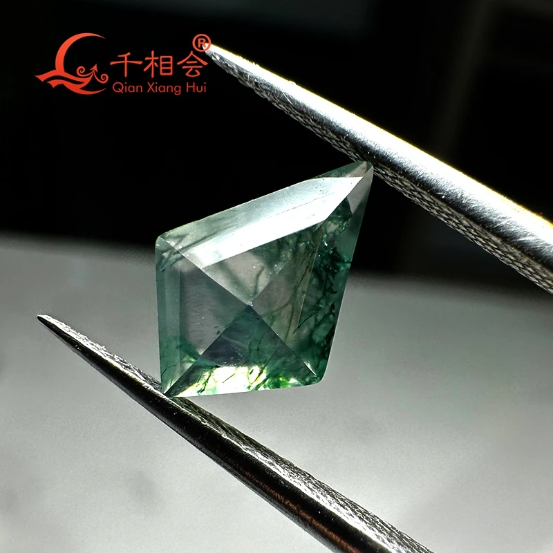 Gema suelta de ágata natural para fabricación de joyas, hierba de agua en forma de cometa, color verde, 7x9mm