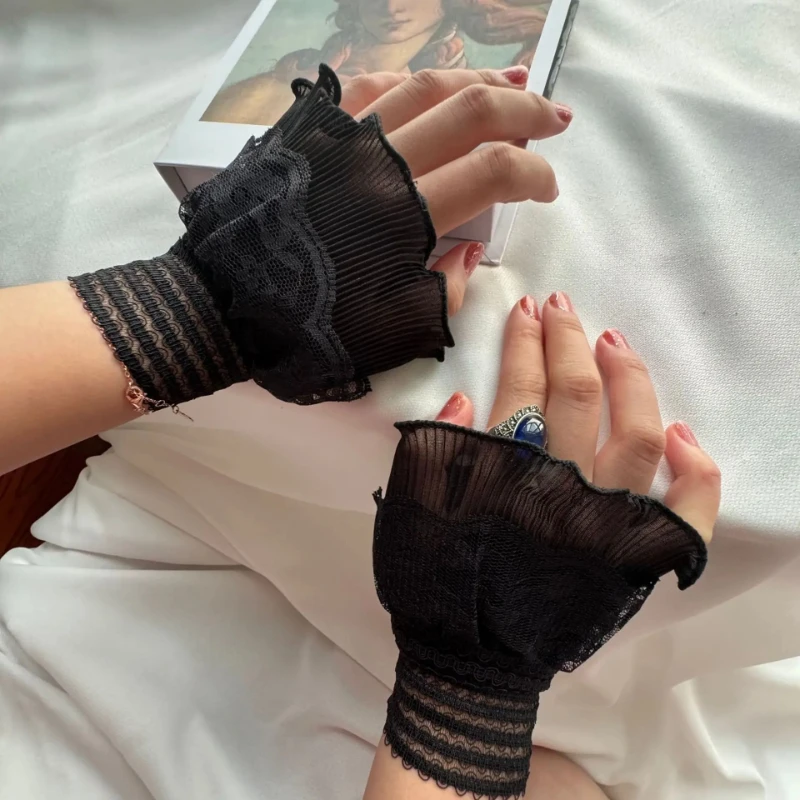 Lace Embroidery False Cuffs Detachable Wrist Cuffs Elegant Horn Design for Shirt Sweater Simple Wristband Fashion Accessory