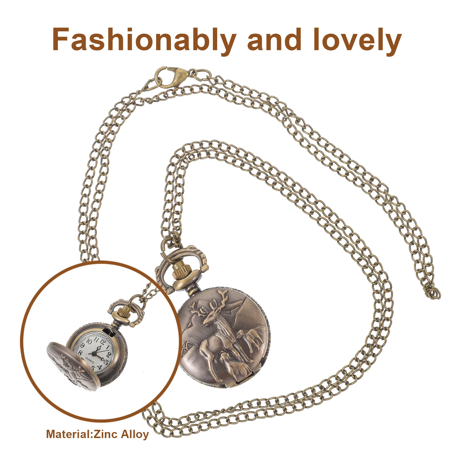 

1Pcs Retro Quartz Pocket Watch Vintage Necklace Chain Metal Deer Pattern Accurate Women Gift