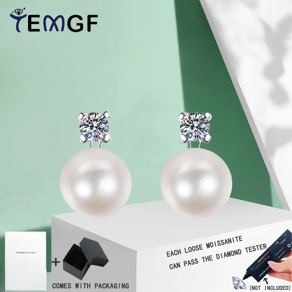 

TEMGF 1 Pair Moissanite/Zircon Ear Studs 8mm-9mm Freshwater Pearl Drop Earrings for Women S925 Sterling Silver Fine Jewelry Gift
