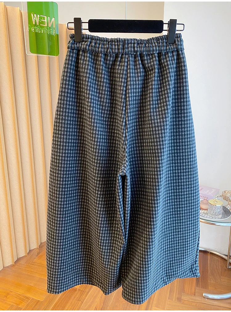 Plus size outono novo feminino xadrez perna larga nove-tenças calças casuais finas soltas versáteis calças leves
