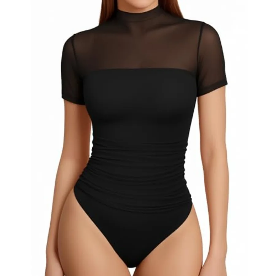 

MANGOPOP Women's Mock Turtle Neck Bodysuit Mesh Ruched Short Long Sleeve Body Suit Sexy Sheer Trendy Going Out Outfits Tops