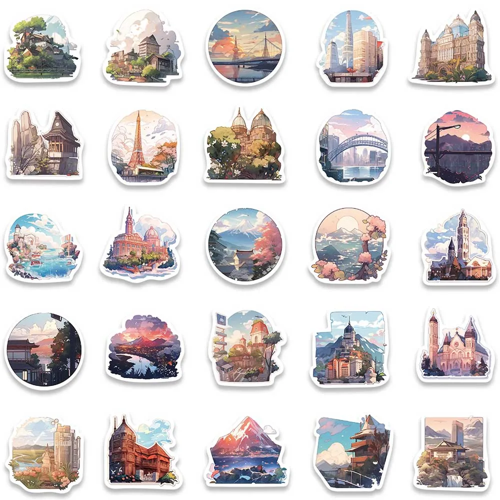 50 Stuks In Stijl Schattige Cartoon Landschap Esthetische Stickers Kinderen Speelgoed Voor Laptop Telefoon Beker Dagboek Waterdichte Graffiti Vinyl Sticker