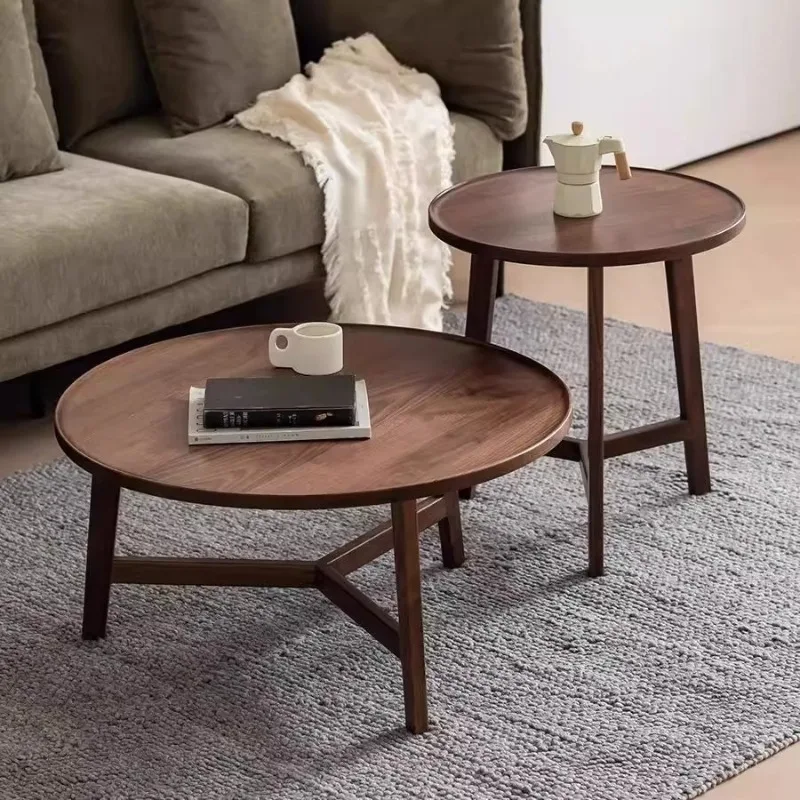 

North American black walnut solid wood round coffee table, Nordic living room, log side table, simple and modern, light luxury