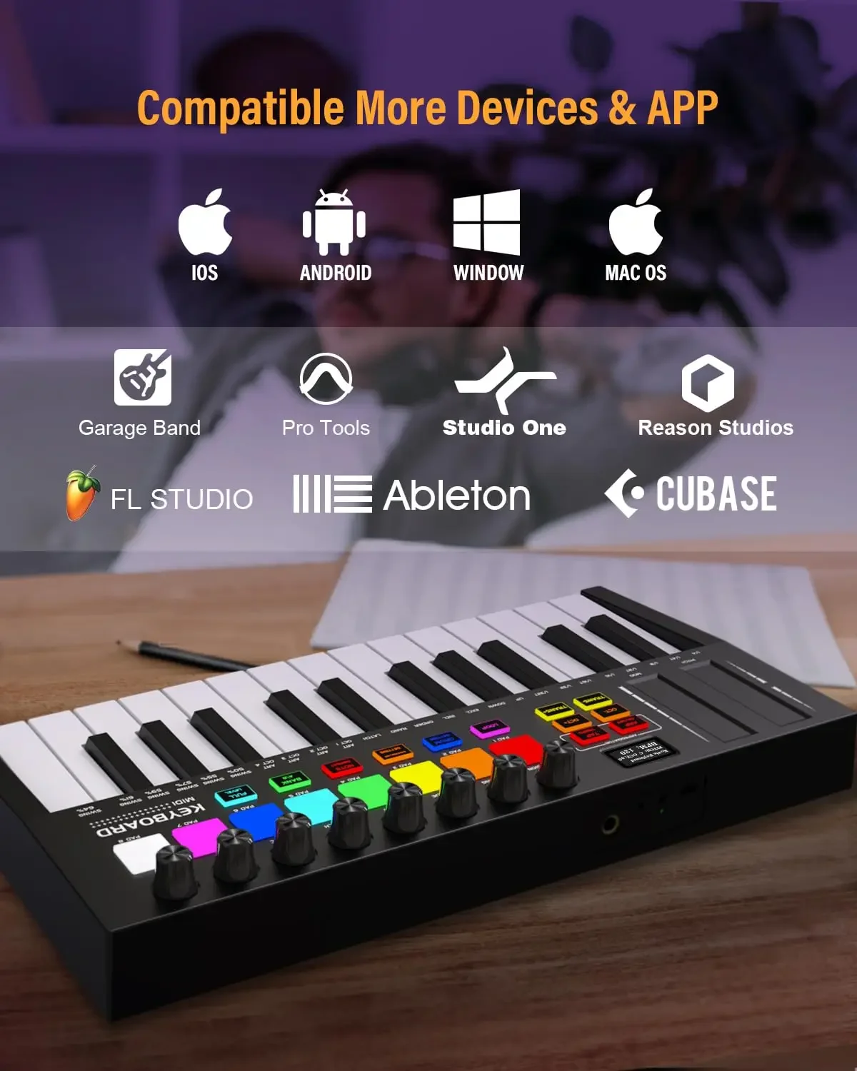 Mini Portable MIDI Control Keyboard, USB, Sequencer Keyboard, Backlit Drum Pads, 8 Knobs, OLED, 25-Key Controller