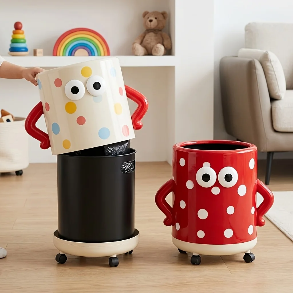 12L Pushable Cartoon Trash Can with Universal Wheels Double Layer Structure Conceal Trash Bags Wide Opening Easy Waste Disposal