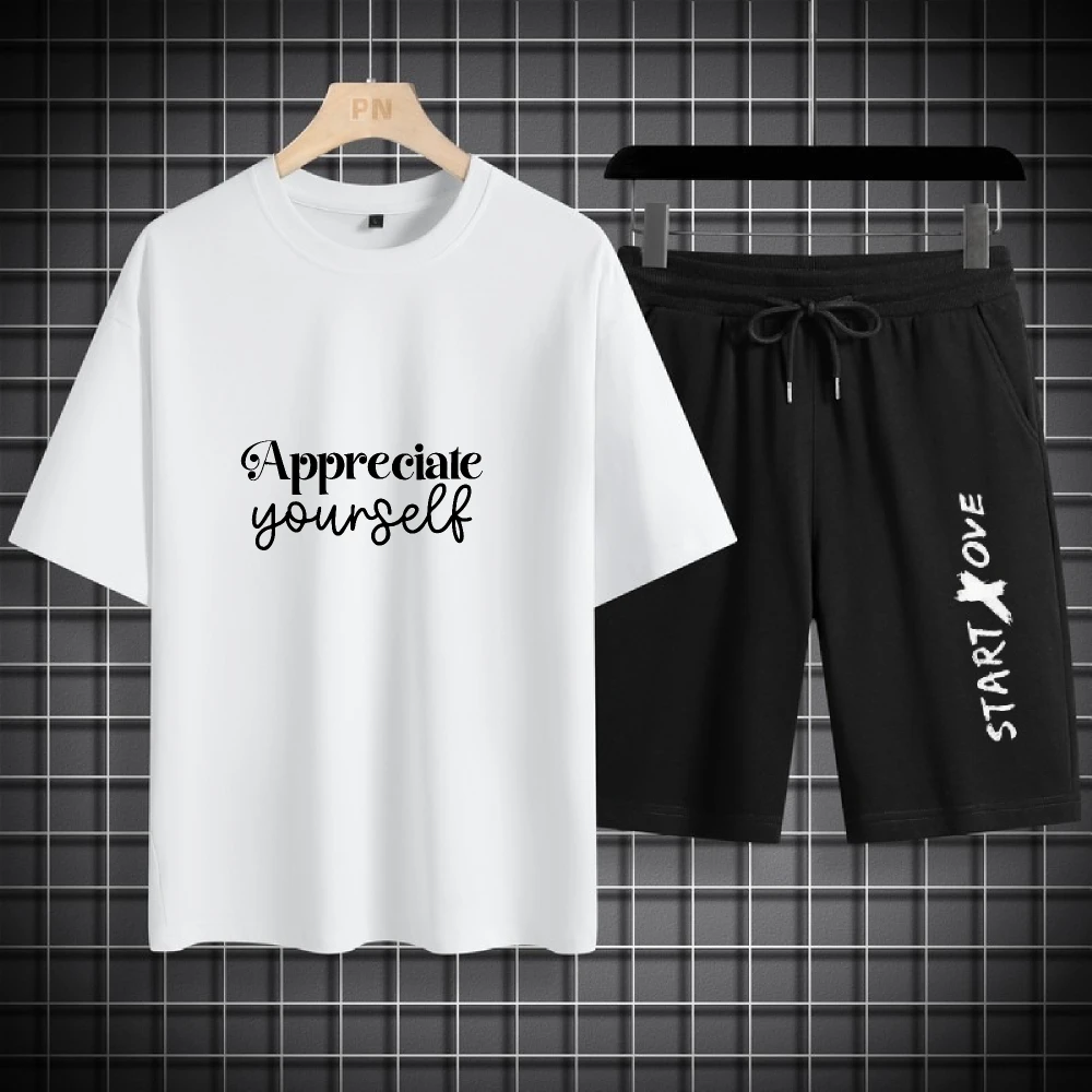 2025 Men Summer Letters in English Sport Two Piece Set Casual Tracksuit Breathable Comfortable Fashion Sport Tshirts+shorts suit