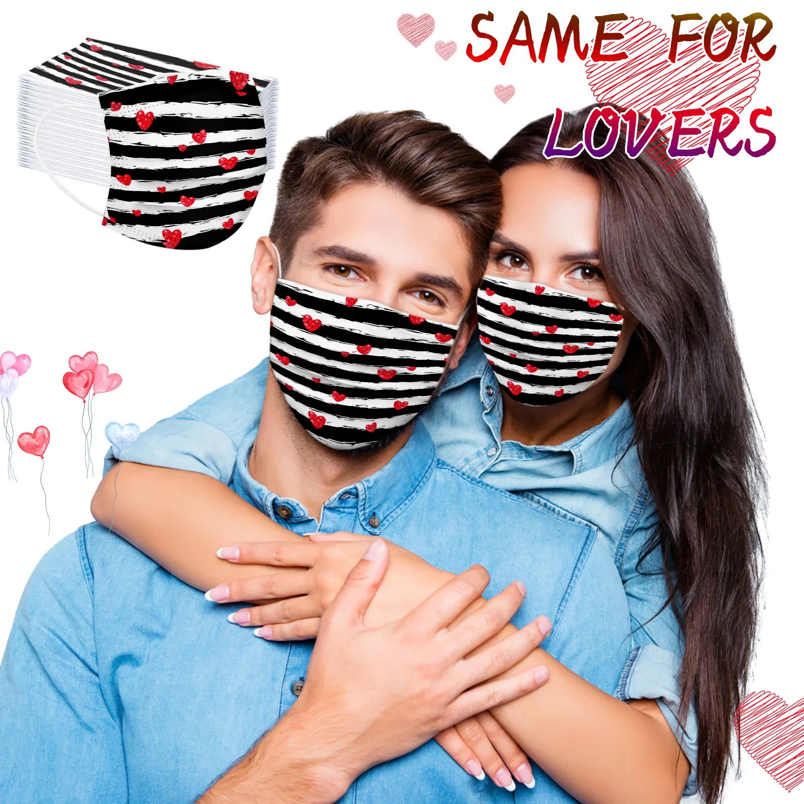 10/50pcs Valentine'S Day Adult Disposable Mask Couple Protective Breathable Mask Love Mask Striped Dating Protection