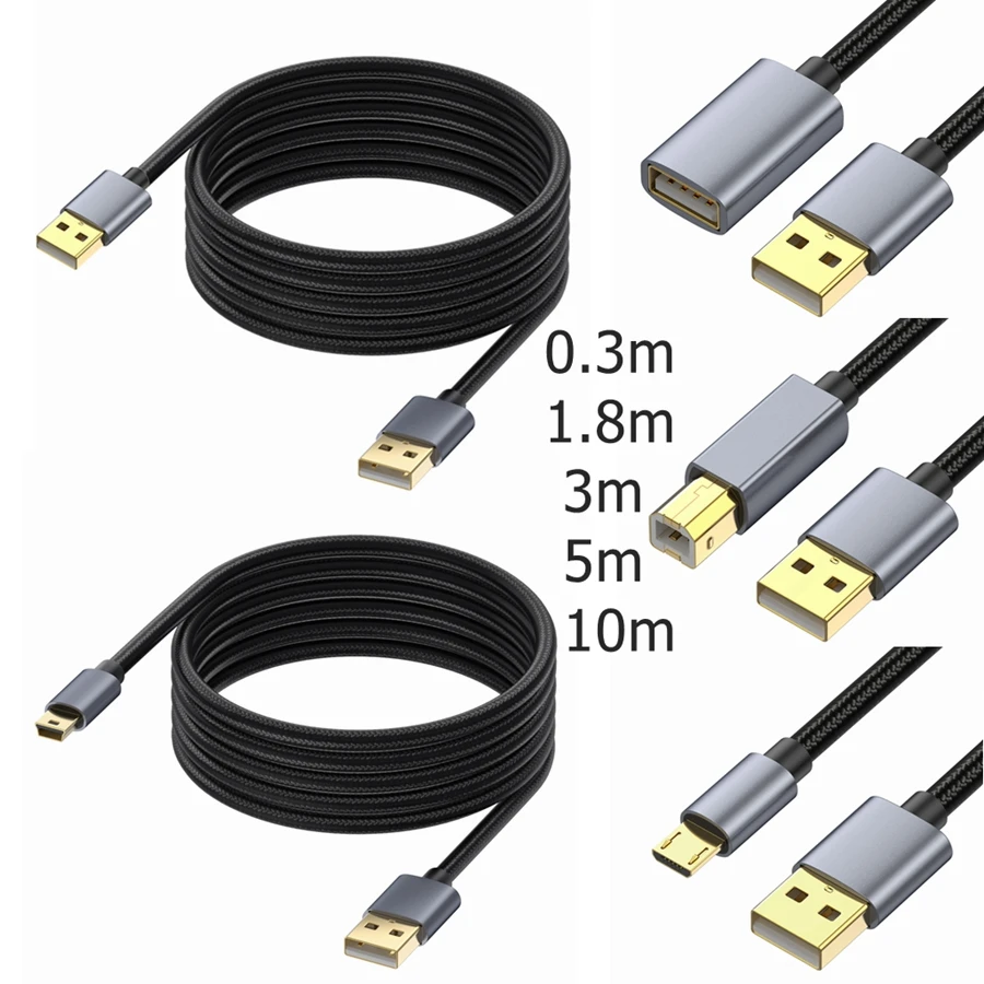 Super Long Cable 1.8m 5m 10m USB 2.0 AM Male To Male Female USB2.0 Printer Micro Mini USB Type B  Fast Data Charging Cord