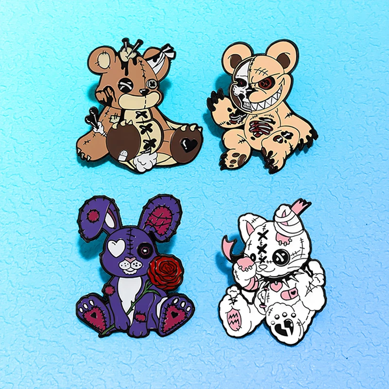Cool Cartoon Doll Pins 4-design Metal Enamel Cute Darkness Style Bear Bunny Brooch Pin For Clothes Backpack Badge Friends Gifts