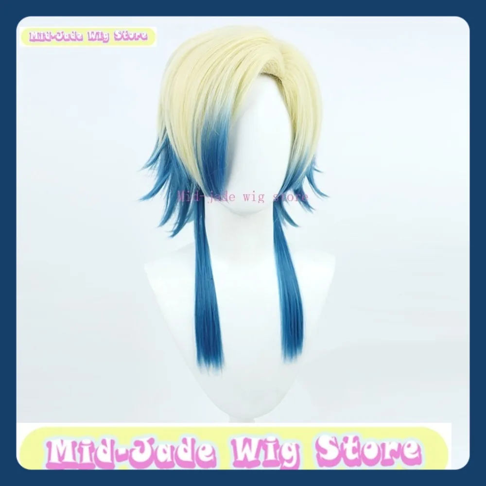 منتصف اليشم شعر مستعار مخزن الأزرق قفل Kaiser شعر مستعار تأثيري أنيمي لعبة لعب الأدوار هالوين زي الدعائم الشعر الاصطناعية #3