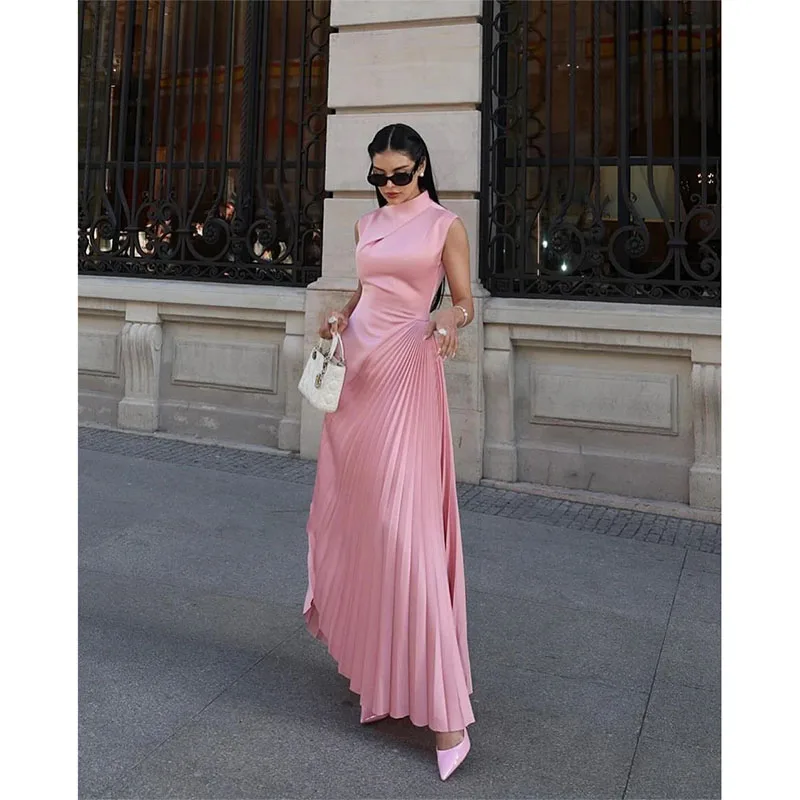 Elegant Pink High Neck Evening Dresses A-line Sleeveless Pleat Ankle-Length Bespoke Occasion Gown 2024