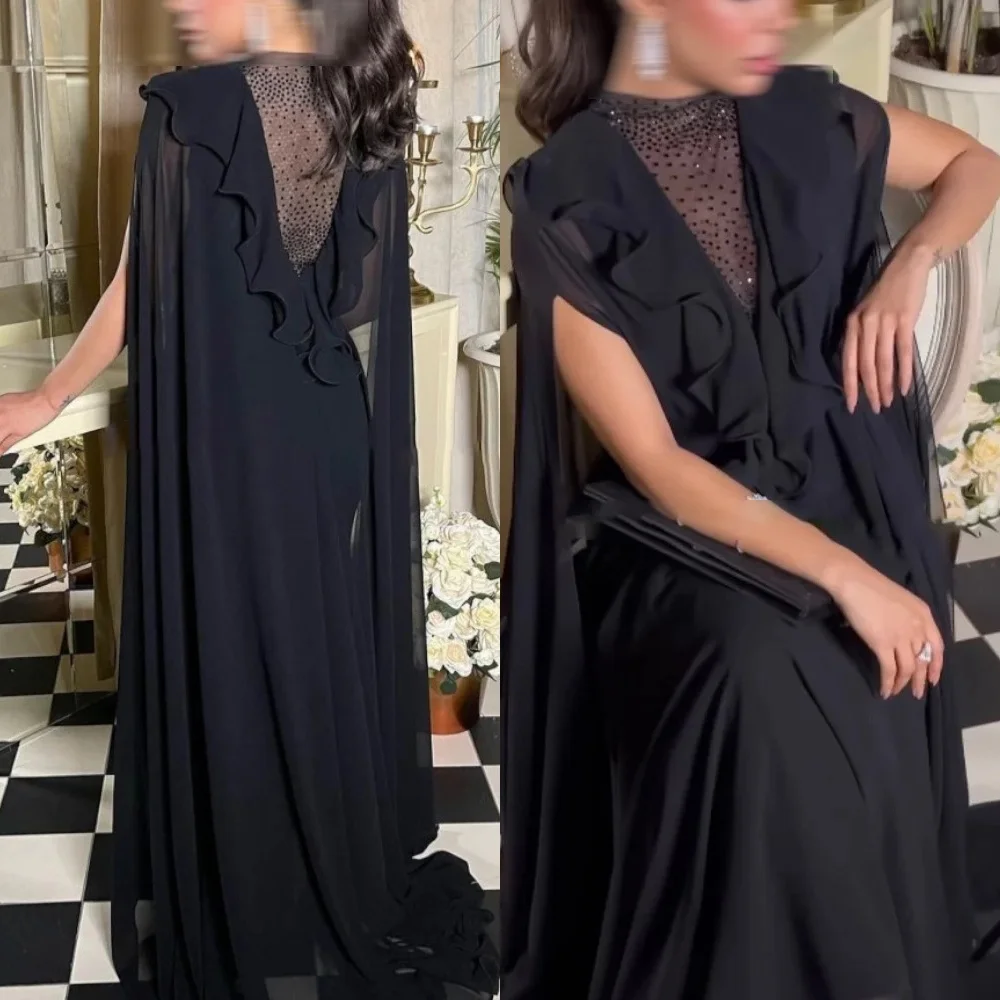 

Customized High Quality Black Chiffon Evening Dress Elegant Graceful Crew Neck Long Sleeves Celebrity Gowns Classic Prom Dress