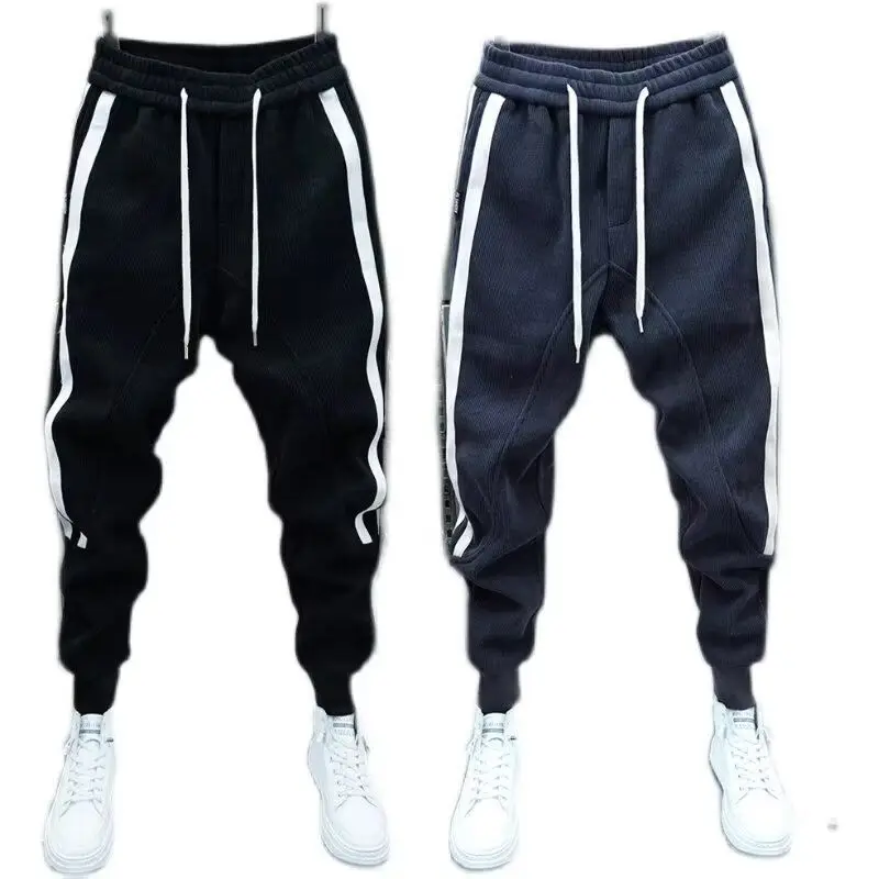 Fashion 2024 Autumn Winter New Black Jogger Men's Corduroy Pants Korean Elastic Waist Casual Pants Jogging Striped Harem Pants