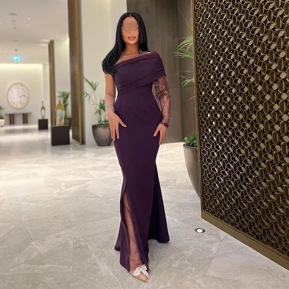 

Customized Purple One-Shoulder Jersey Mermaid Evening Dress Full Sleeves Trumpet Party Dress Trumpet Floor Length Prom Gown