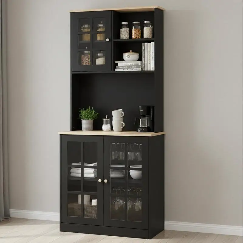 

Kitchen Pantry Storage Cabinet, 72" Freestanding Cabinet with Hutch, Large Countertop, Glass Doors and Adjustable Shelves for Dining Room, Black